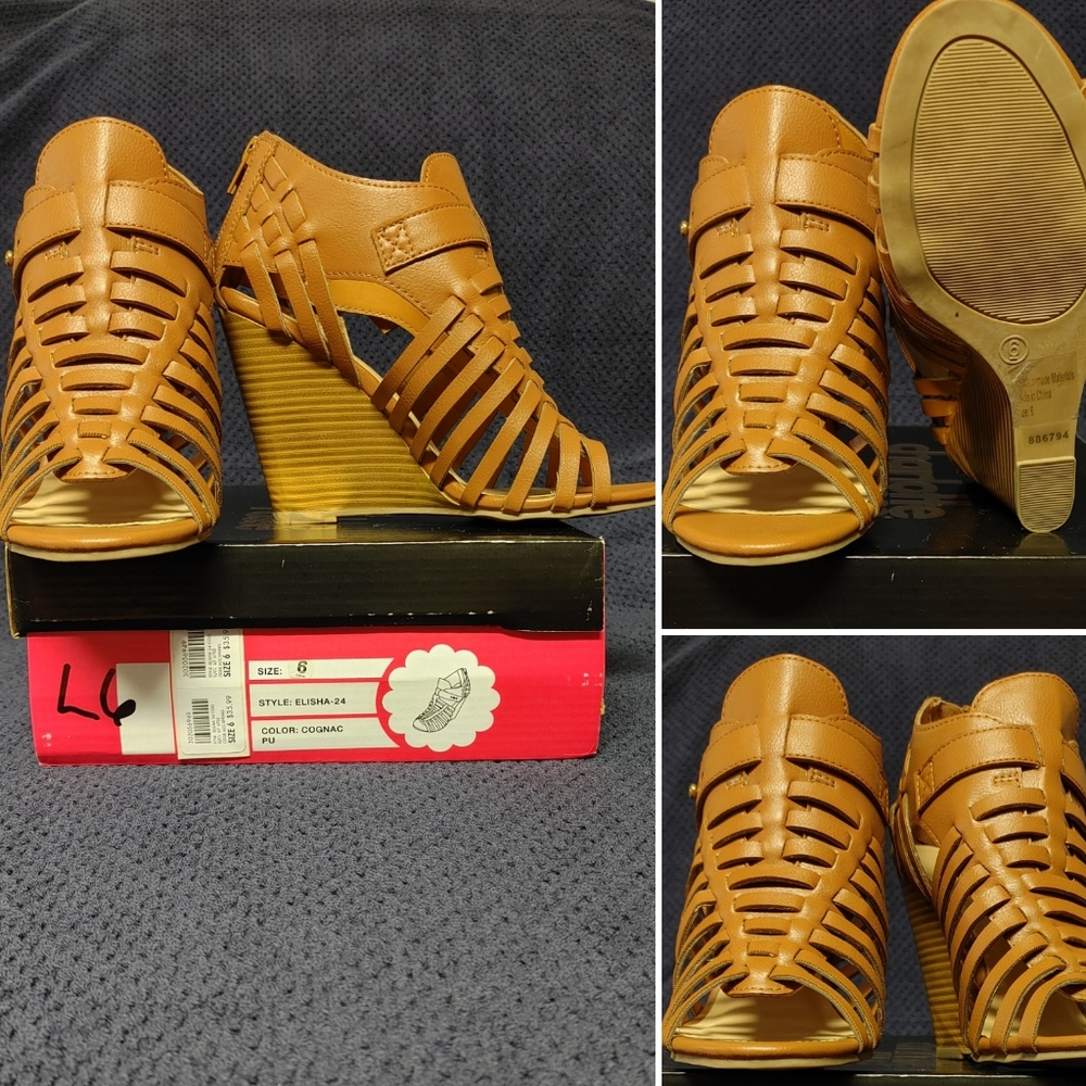 Cognac Strappy Wedges